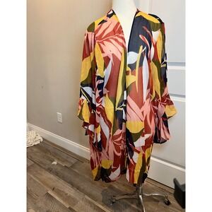 Plus Size 3X Tropical Leaf Print Kimono Duster Lightweight Sheer Boho Cover Up